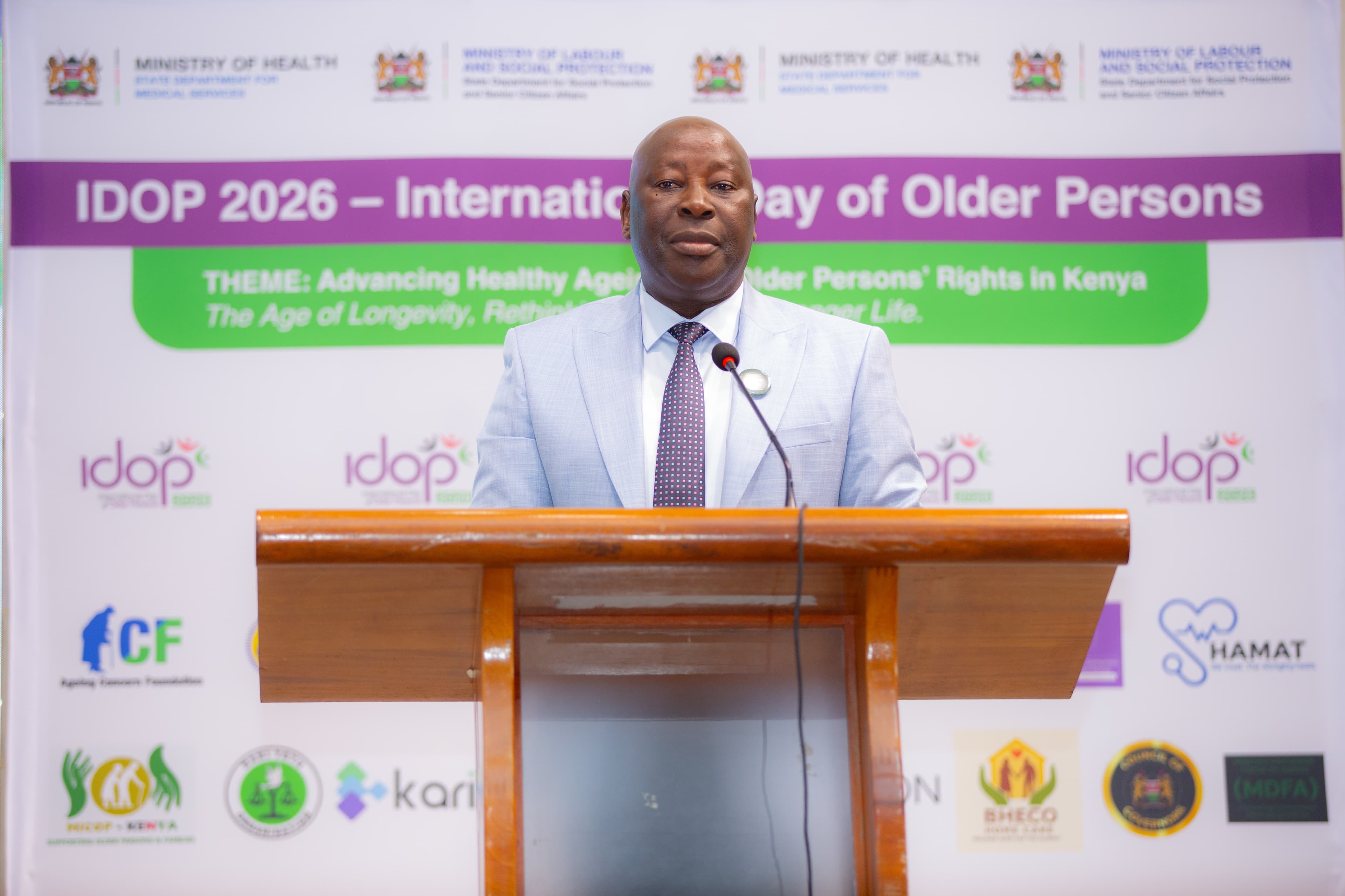Principal Secretary, State Department for Social Protection and Senior Citizen Affairs, Joseph Motari, CBS, MBS, delivers the closing remarks of Cabinet Secretary for Labour and Social Protection Dr Alfred Mutua during the International Day of Older Persons Conference at the Kenya Institute of Special Education (KISE), Nairobi, on October 2, 2026.